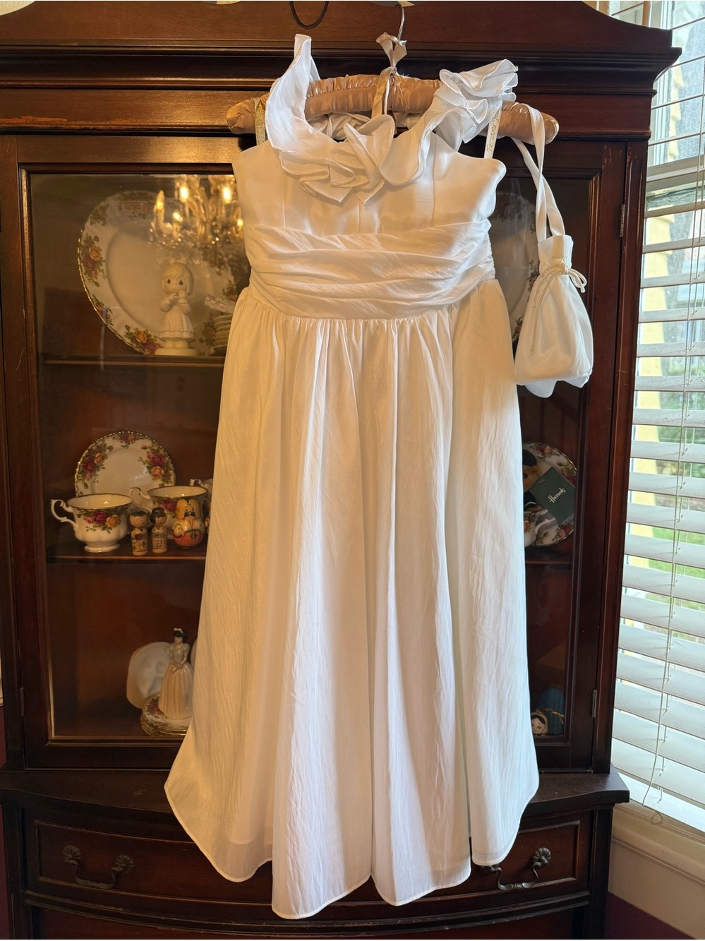White Ruffled Halter Girls Formal Dress, flower girl, mini-bride, with pouch bag